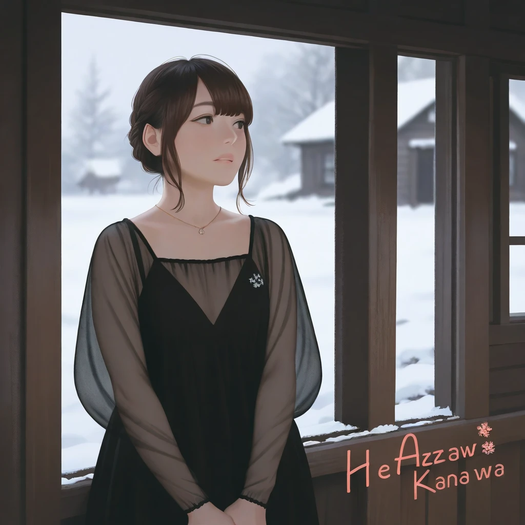 masterpiece, best quality,  <lora:Kanazawa Illust:1> kanahanazawa, black dress, see-through, cabin , looking out window, from outside, tied hair, necklace, snow, album cover,