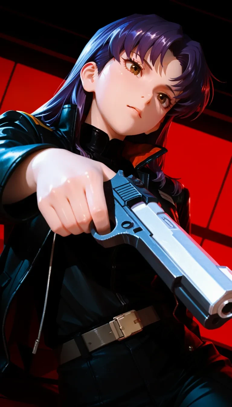 (masterpiece, best quality), amazing quality, very aesthetic, absurdres, highres, newest, HDR, 8K, high detail RAW color art, high contrast, bright face, large pupil, eyelashes, brilliant skin, shiny skin, 3D, 3D make,
1girl, katsuragi misato, purple hair,  brown eyes, dutch angle, dynamic pose, battle, Shoot the front with a handgun, <lora:748cmSDXL:0.6>, <lora:薄塗り:0.4>, <lora:ponyv5_noobV065S_1:0.75>, <lora:spo_sdxl_10ep_4k:0.6>, <lora:MeMaXL4:0.8> <lora:GBF_Illustrious:0.45>