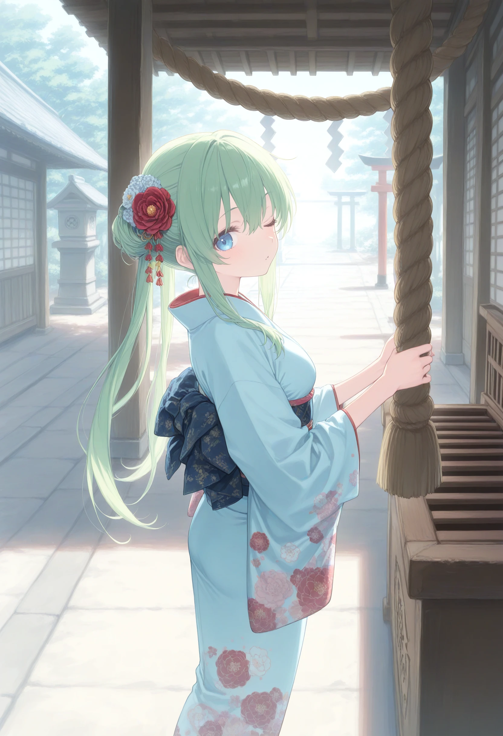 1girl,(sho \(sho lwlw\):0.7),(toosaka asagi:0.5),(sincos:0.3),solo,
masterpiece, best quality, newest, absurdres, CG, anime, source anime, illustration,
medium breasts,
hrine bell, japanese clothes, kimono, hair flower, print kimono, furisode, rope, outdoors, shrine, standing, new year, shimenawa, hatsumoude, donation box, holding,  <lora:shrinebell_Illust_v1:0.8>
from side, wide shot, looking back, green hair, blue eyes,one eye closed, gate, parted lips, split ponytail hair,,