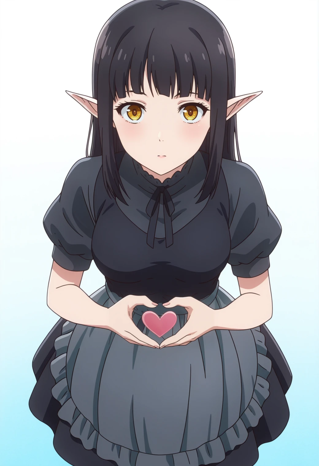 masterpiece, best quality, amazing quality, anime coloring, anime screencap, 1girl,  <lora:DX888KuroIL:1> kuro, pointy ears, yellow eyes, black hair, long hair, black dress, black ribbon, waist apron, puffy short sleeves, maid  BREAK  white  background pastel background,    heart hands, from above,