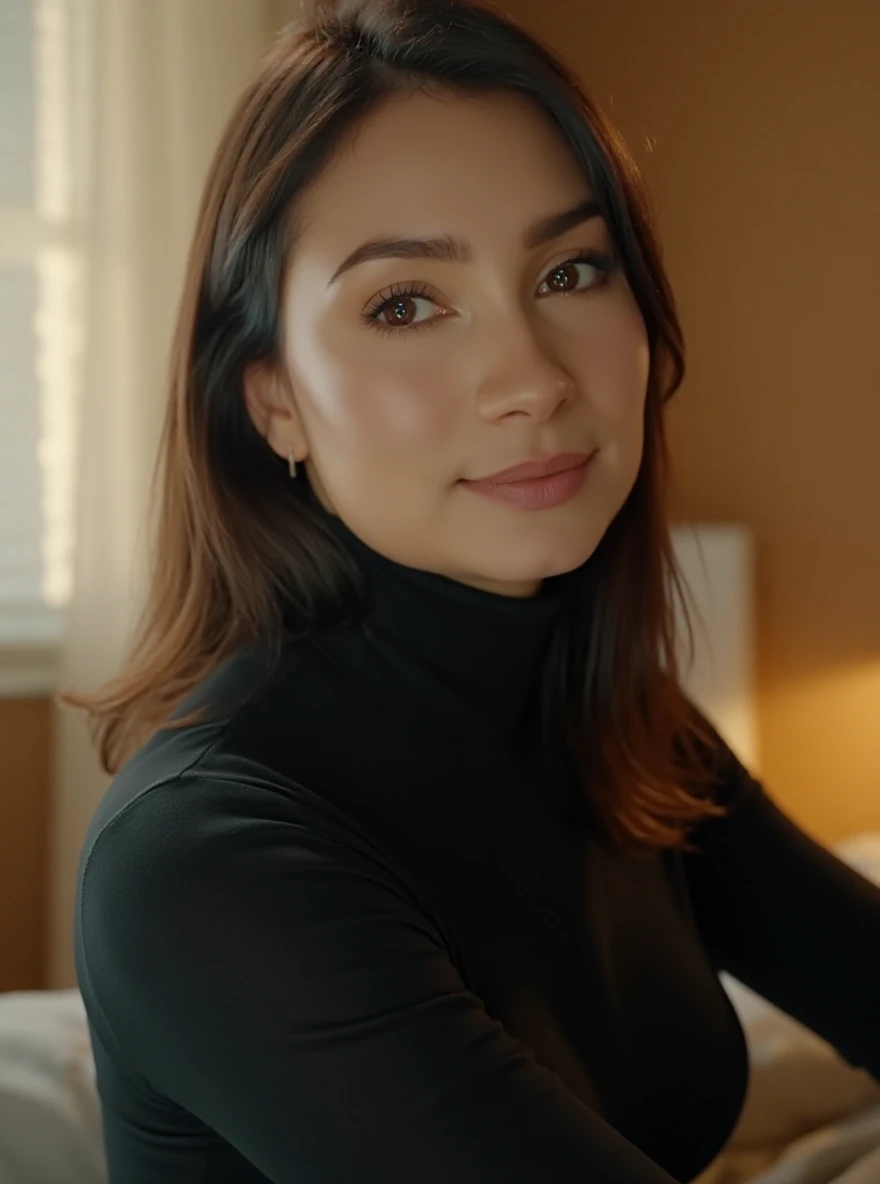 portrait of al3j4st0rm woman, posing on a office, serene and warm, natural lighting, soft focus, high-resolution, elegant and introspective atmosphere, quiet sophistication, wearing a turtleneck yarn blouse, slight smile

