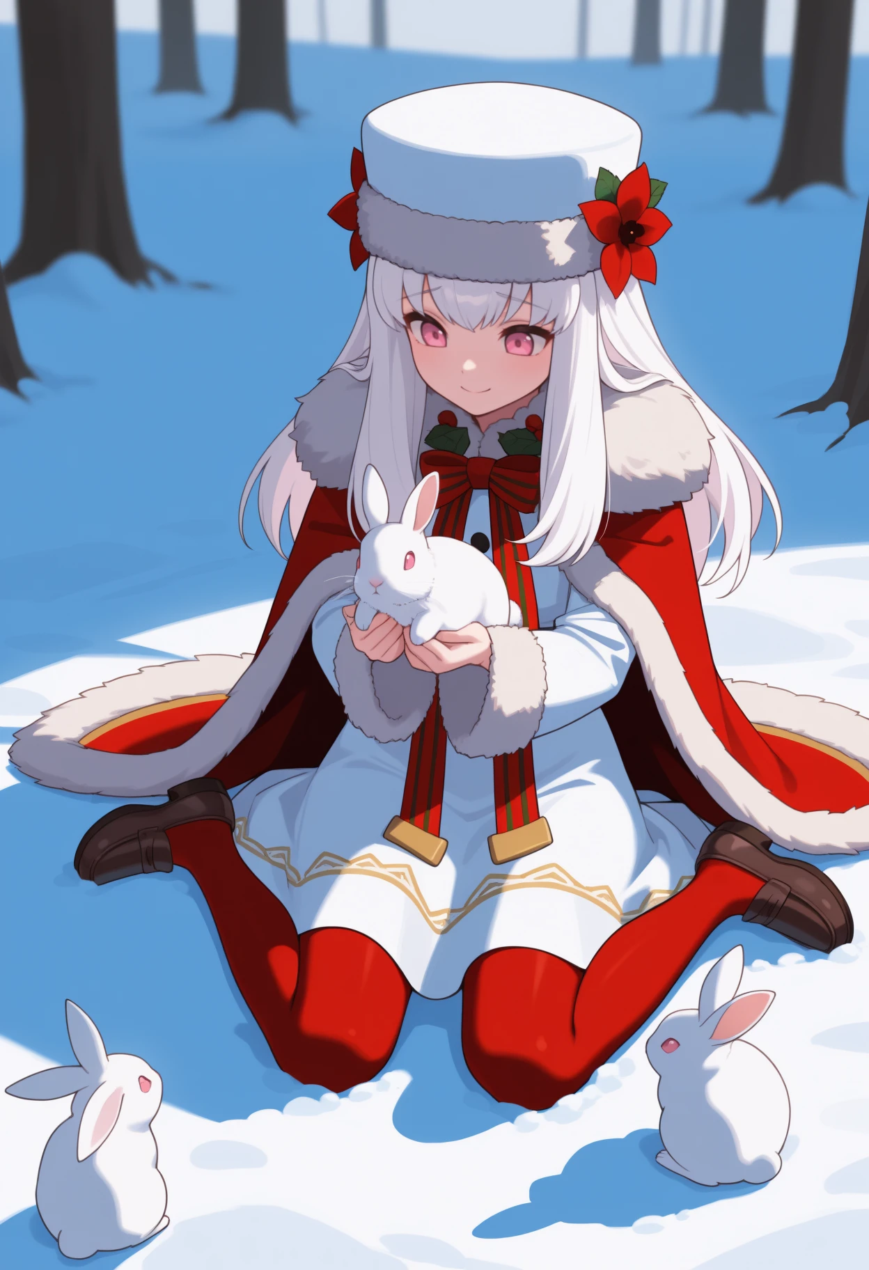 masterpiece, best quality, full body, solo, 1girl, lytwinter, smile, looking at animal, on ground, wariza, holding animal, rabbit, long hair, white hair, white headwear, fur-trimmed headwear, hat flower, red flower, pink eyes, raised eyebrows, fur trim, red cape, fur-trimmed cape, white dress, red bowtie, striped bowtie, long sleeves, fur-trimmed sleeves, red pantyhose, loafers, outdoors, snow, nature
<segment:yolo-Anzhc Face seg 640 v2 y8n.pt,0.4,0.5//cid=1>