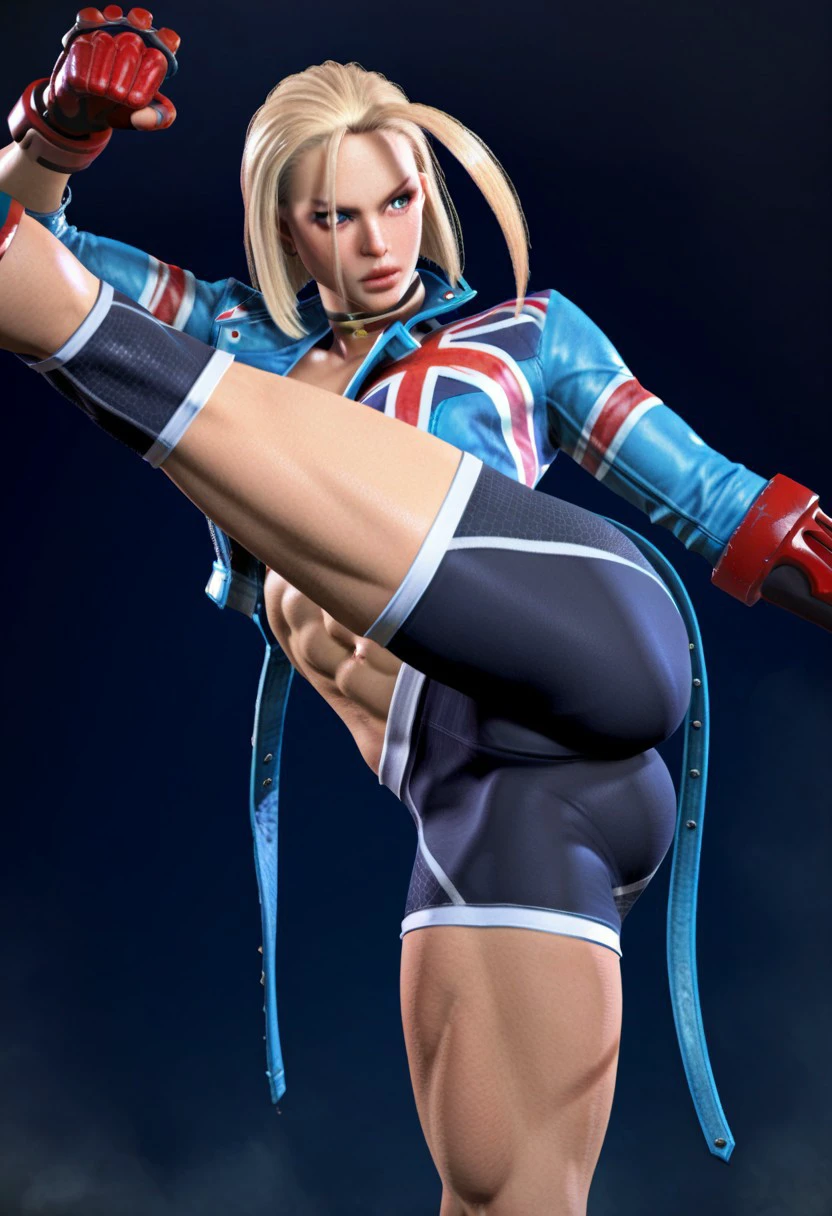 masterpiece, best quality, 32k, high resolution, absurdres, 3d, cammy white, spandex, red gloves, abs, standing, union jack, kicking, muscular, ass, thighs, choker
