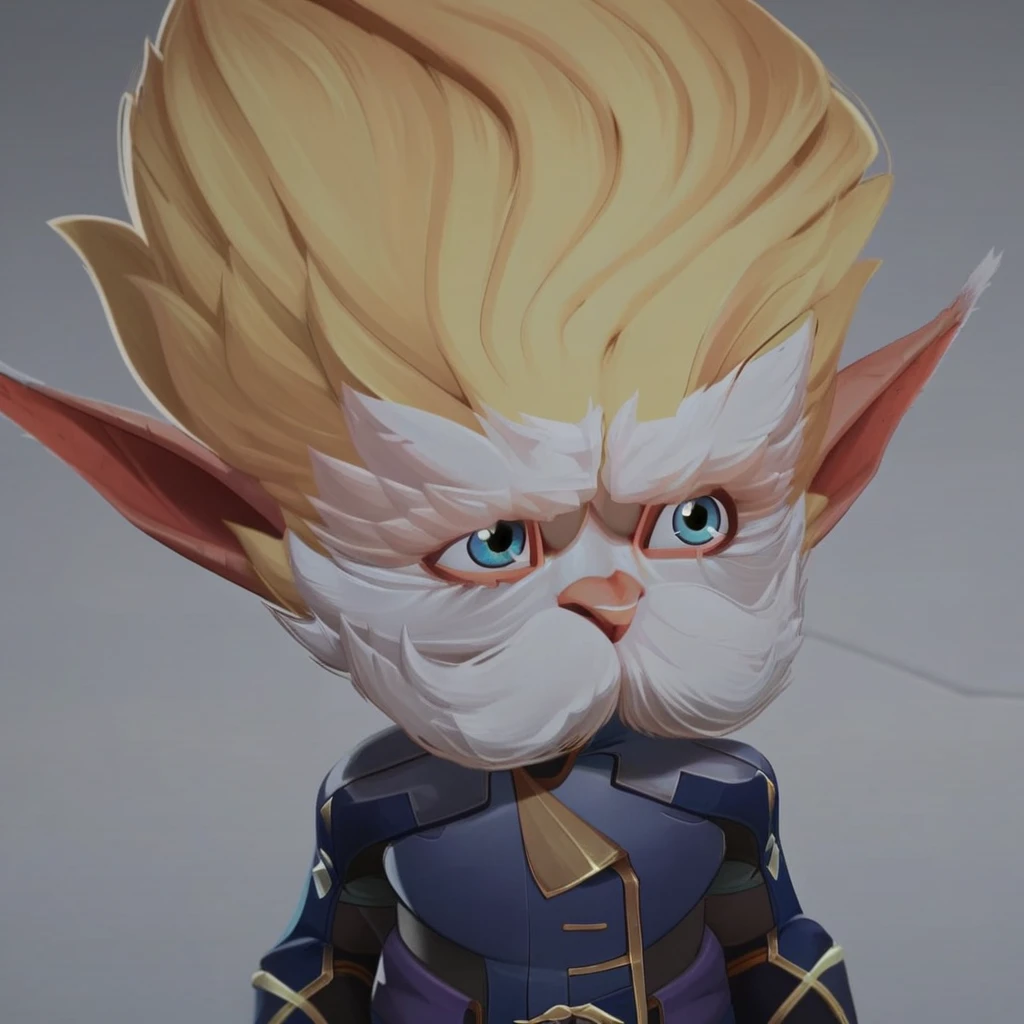 h31m3rd1ng3r ,Heimerdinger ,Heimerdinger /(league of legends arcane/), solo, short hair, bangs, blue eyes, blonde hair, 1boy, closed mouth, green eyes, male focus, pointy ears, artist name, armor, facial hair, portrait, beard, furry, mustache, furry male, yordle ,/(league of legends arcane/)