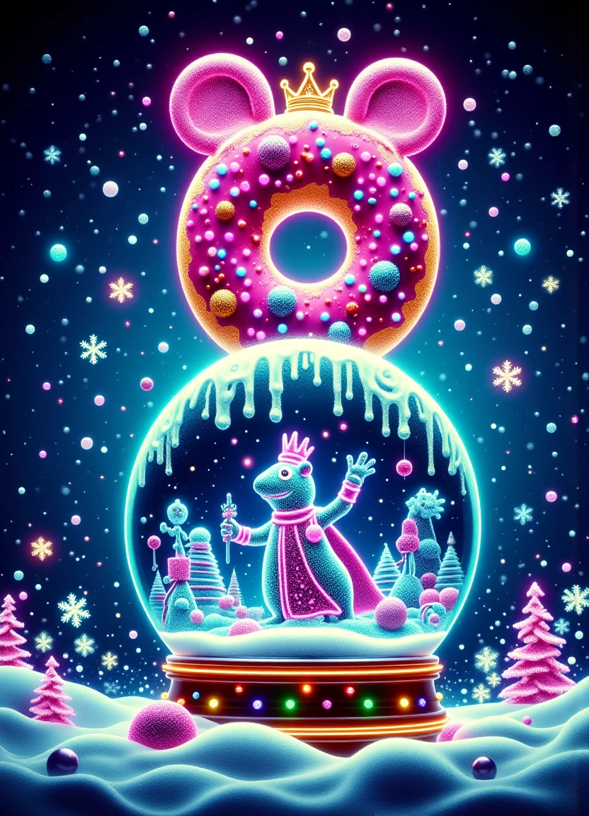 A whimsical winter wonderland scene with a giant donut (DonM) on top of a snow globe, inside of which is a mouse king surrounded by sugar plums, set against a background of generous and giving contemporary lighting that mimics the style of admiring neighborhood Christmas light displays, with intricate DonM-style details.