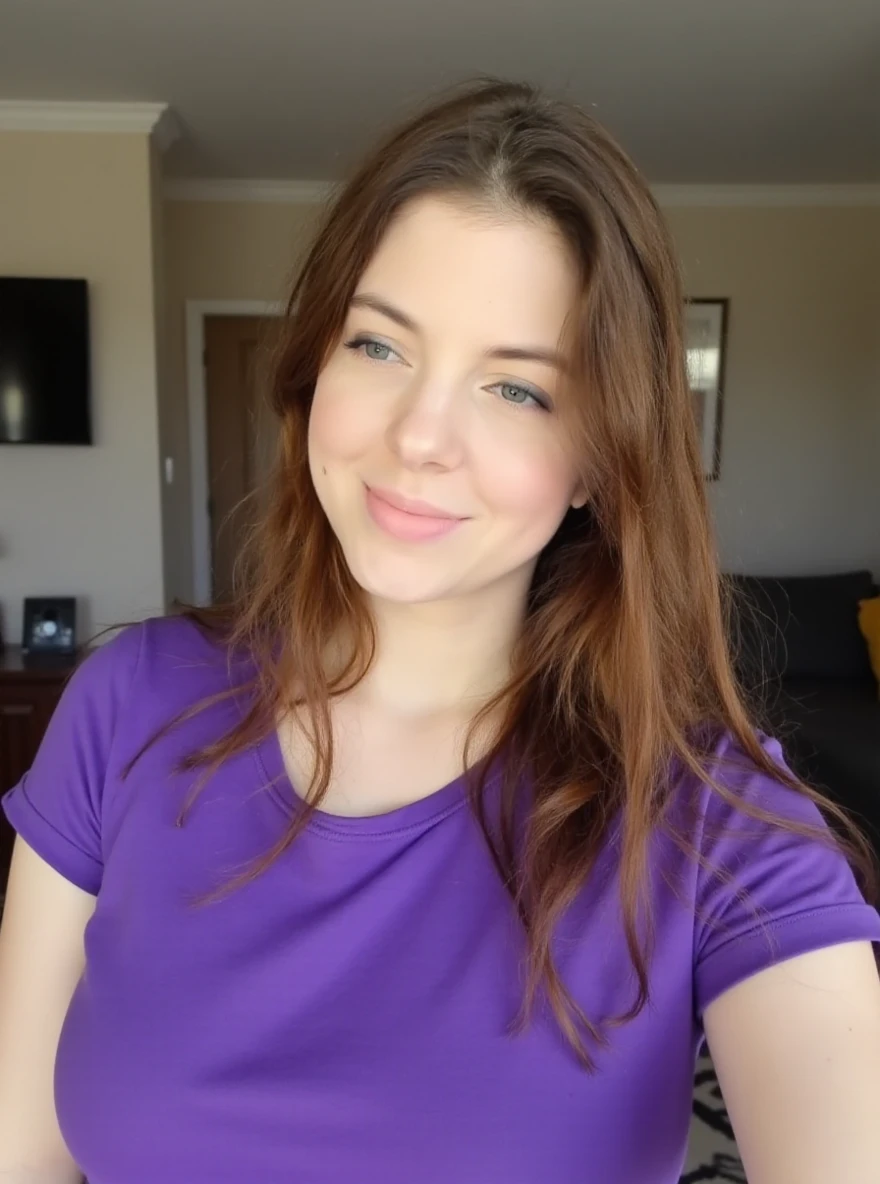 RAW photo of h0tv1k woman, wearing a purple tshirt, in a living room, detailed face, natural lighting, highly detailed, absurdres, smile happy

