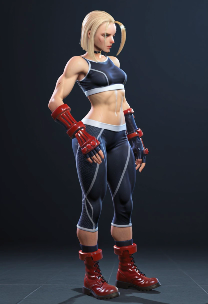 masterpiece, best quality, 32k, high resolution, absurdres, 3d, cammy white, midriff, crop top, full body, black gloves, red footwear, black pants, scar on face, combat boots, tight pants, toned