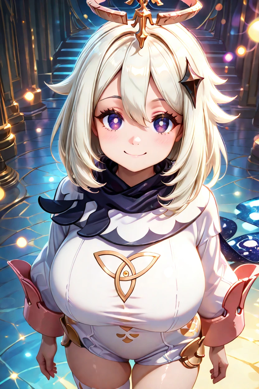 masterpiece, best quality, solo, curvy, beautiful eyes,,<lora:PaimonGenshinIXL_v2:1.0>, zzPaimon, huge breasts, purple eyes, hair between eyes, hair ornament, halo, long hair, short hair, white hair, long sleeves, dress, scarf, white dress, blue eyes, cape, thighhighs, single thighhigh, white thighhighs, upper body, smile, looking at viewer, shiny skin,<lora:RealisticAnimeIXL_v2:1.0>, shiny skin, bokeh, luminescent background,