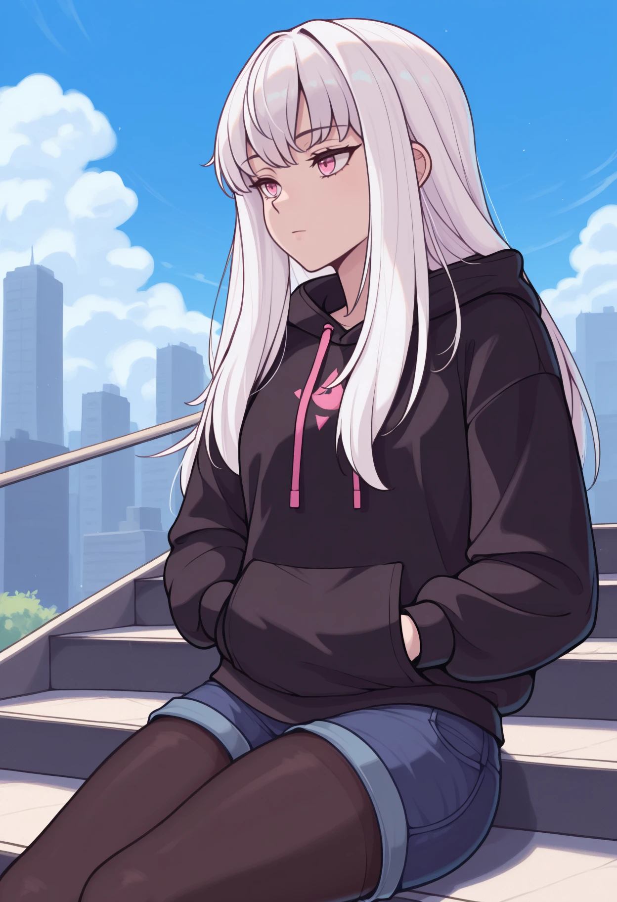 masterpiece, best quality, solo, 1girl, lytdef, expressionless, looking away, sitting, on stairs, hands in pockets, long hair, white hair, pink eyes, black hoodie, hood down, drawstring, long sleeves, blue shorts, denim shorts, black pantyhose, outdoors, blue sky, cloud, cityscape
<segment:yolo-Anzhc Face seg 640 v2 y8n.pt,0.4,0.5//cid=1>