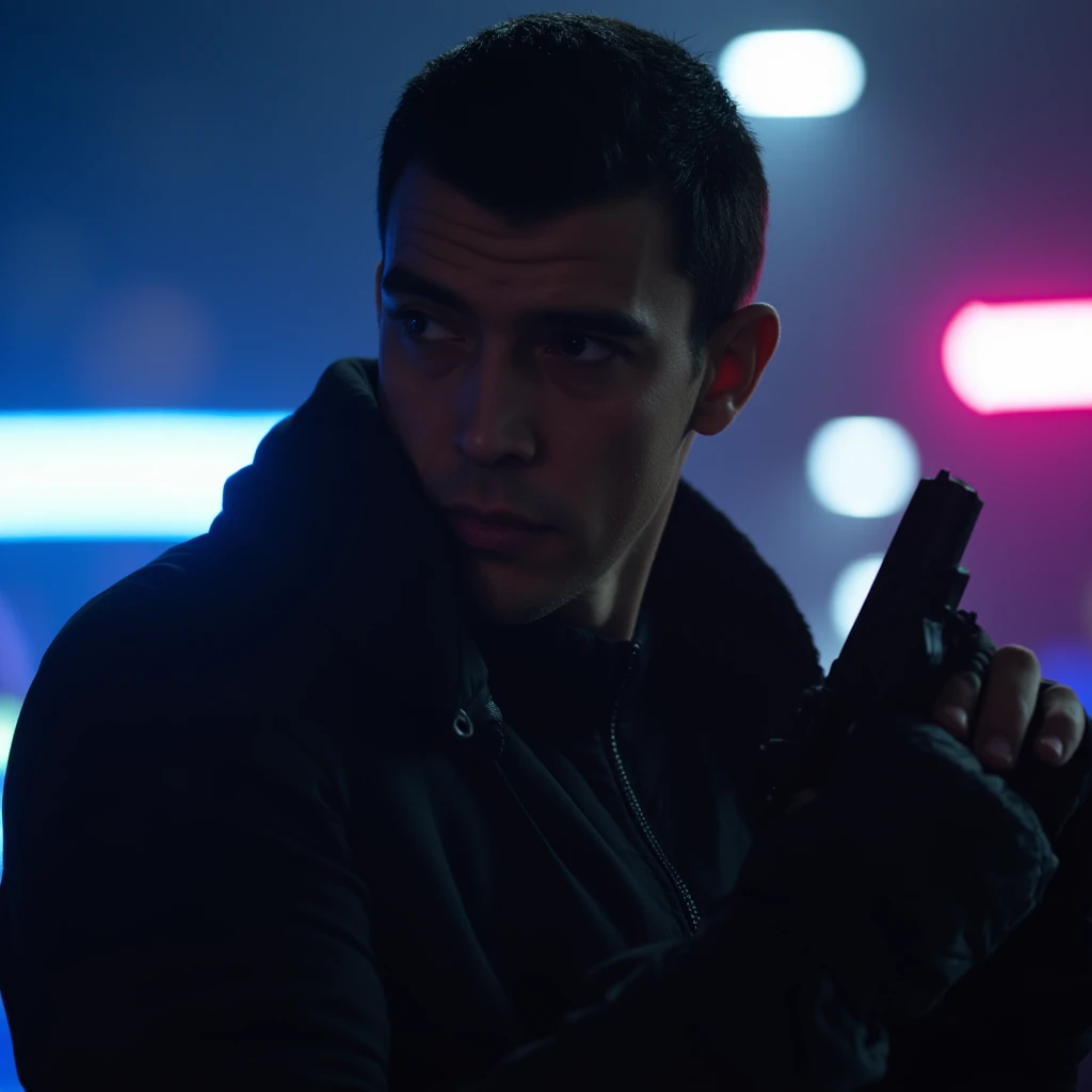 cinematic film still of  <lora:007 film style v1:0.9>
a man in a black jacket holding a gun, solo, black hair, gloves, 1boy, holding, weapon, male focus, holding weapon, blurry, gun, facial hair, holding gun, handgun, realistic, neon lights, dramatic light, dramatic shadow light, contrast, cinematic color, cinematic look, filmic, realistic, realism, perfection, perfect, Kodak, Kodak film, movie still, spy film, action themed, espionage, James Bond style, James Bond film style, 007 style, 007 film style, short hair, closed mouth, upper body, black gloves, shallow depth of field, vignette, highly detailed, high budget, bokeh, cinemascope, moody, epic, gorgeous, film grain, grainy