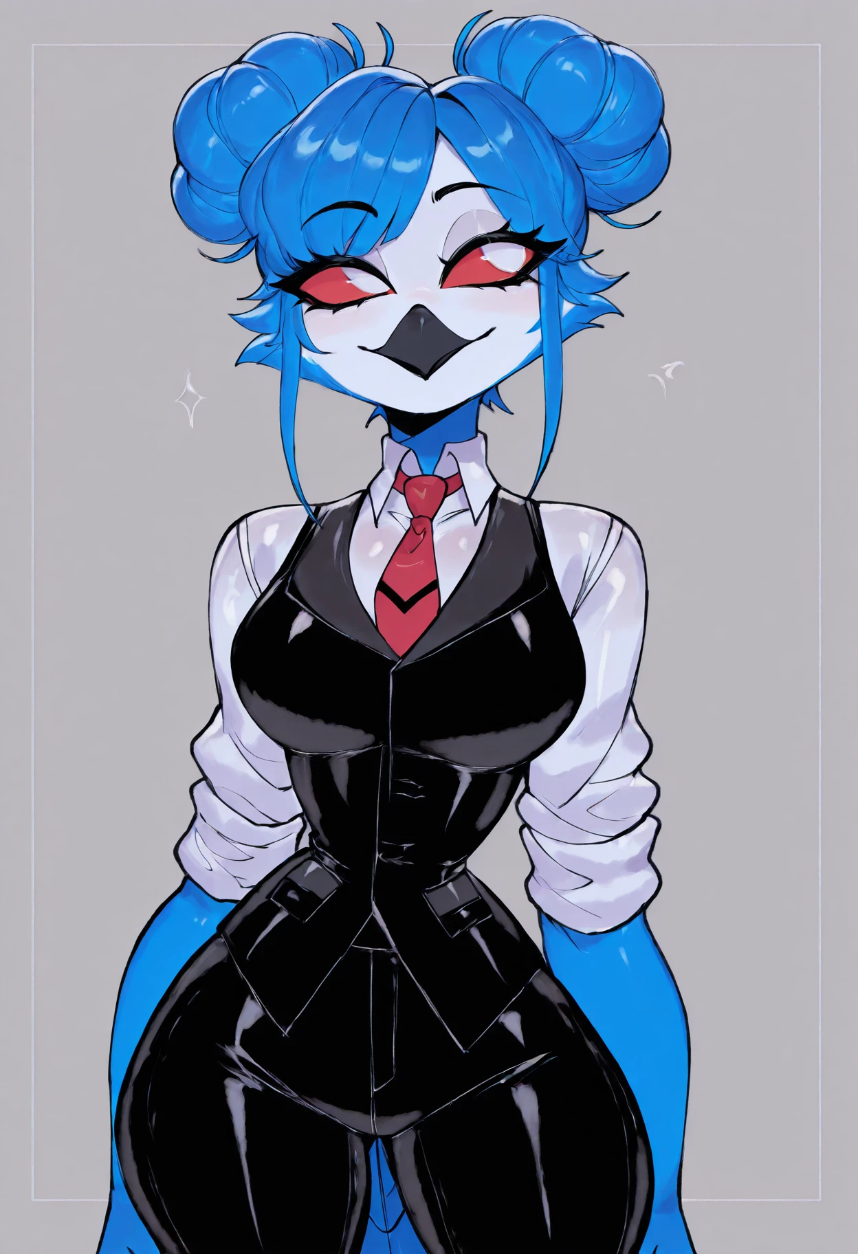 (beautiful, masterpiece, detailed), 1girl, solo, k1sh1r0, female anthro bird, furry bird, furry owl, avian, medium breasts, blue feathers, blue hair, hair buns, double buns, bangs, black beak, white face, red sclera, white eyes, white shirt, black vest, rolled up sleeves, necktie, black trousers, bird tail