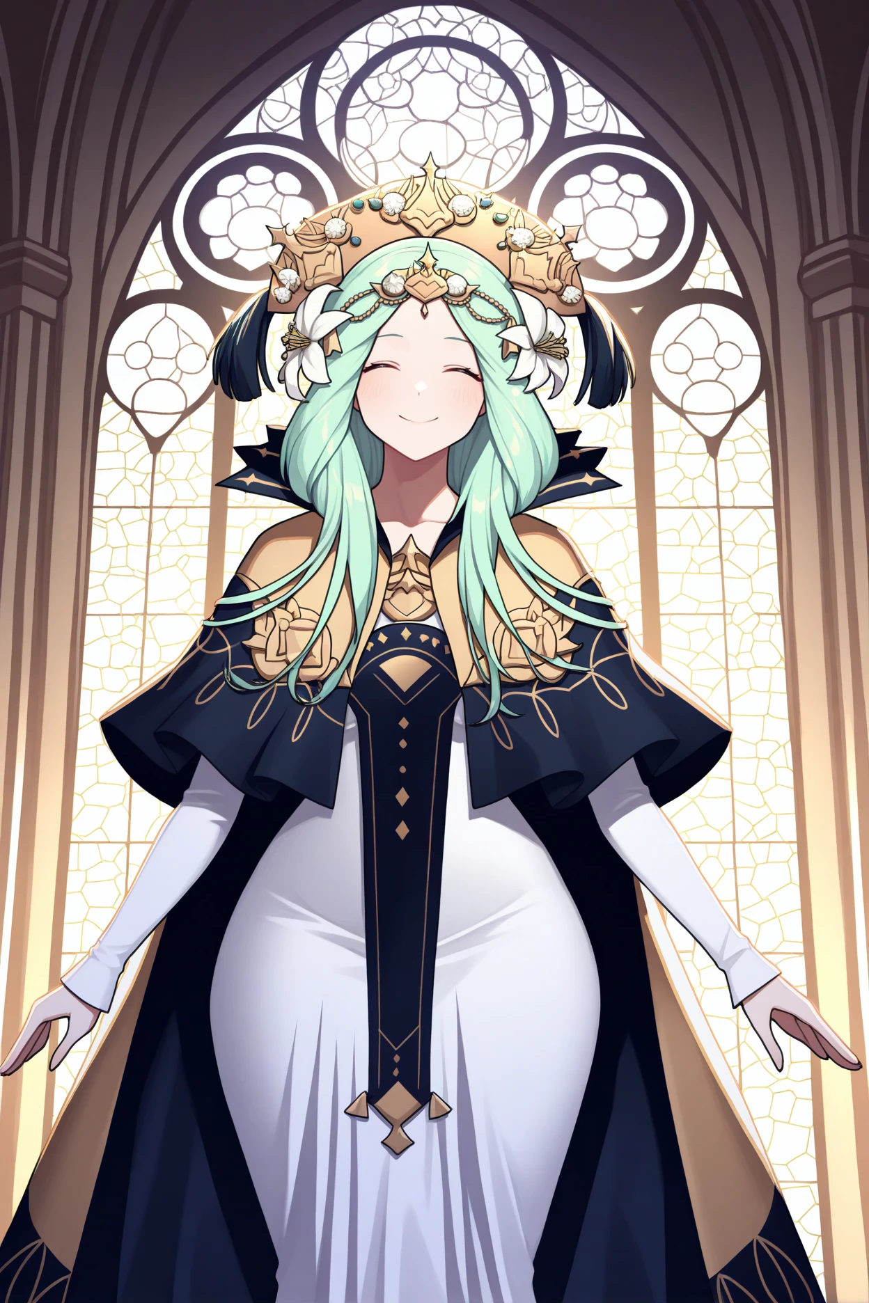 masterpiece, best quality, 1girl, solo, <lora:ferhea-illu-nvwls-v1-000005:1> dfrh3a, green hair, long hair, gold headdress, hair flower, tiara, blue and gold cape, high collar, white dress, long dress, gold brooch, blue tabard, long sleeves, wide hips, happy, smile, closed eyes, cathedral, stained glass, from side