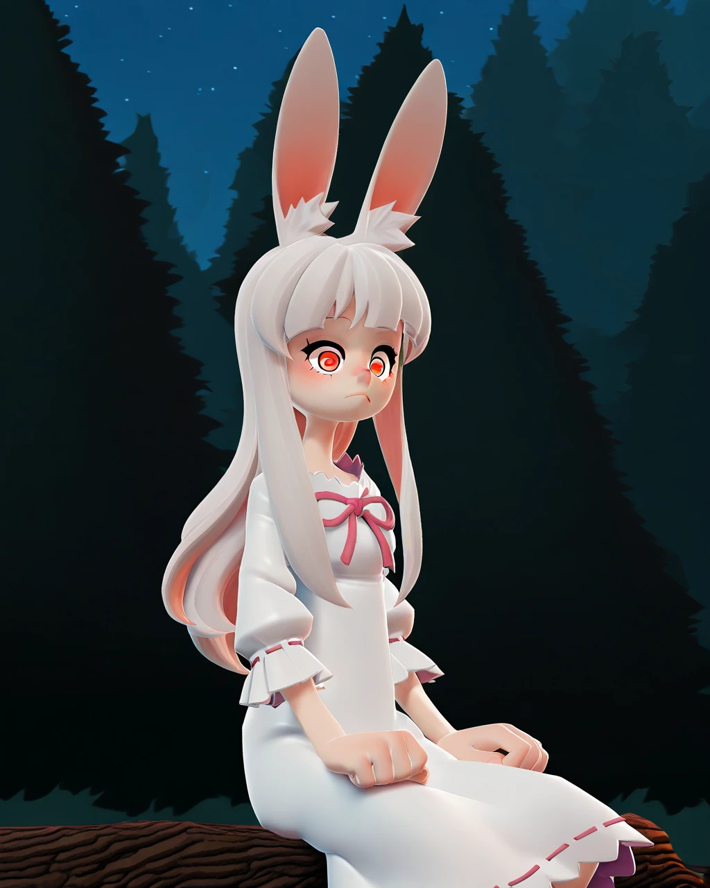 masterpiece, best quality, ninjala, 3d, 1girl, solo, mrgrl, rabbit ears, white hair, white dress, expressionless, wide-eyed, sitting, cowbow shot, forest, night 