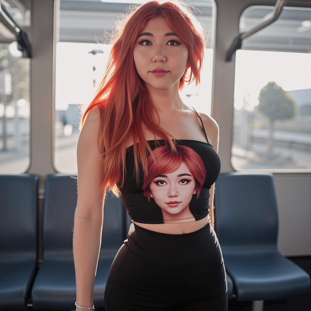 @emmi_xi_, @emmi_xi, Emmi Xi \(Person\),Photo of a woman with long red hair, wearing a black crop top with a photo of a woman's face on it, and tight black leggings. She is standing in a train, looking directly at the camera with a confident expression. The background shows the interior of a train with seats and windows, and the lighting is bright and natural. The woman has a slim build and is wearing minimal makeup. The image is high quality