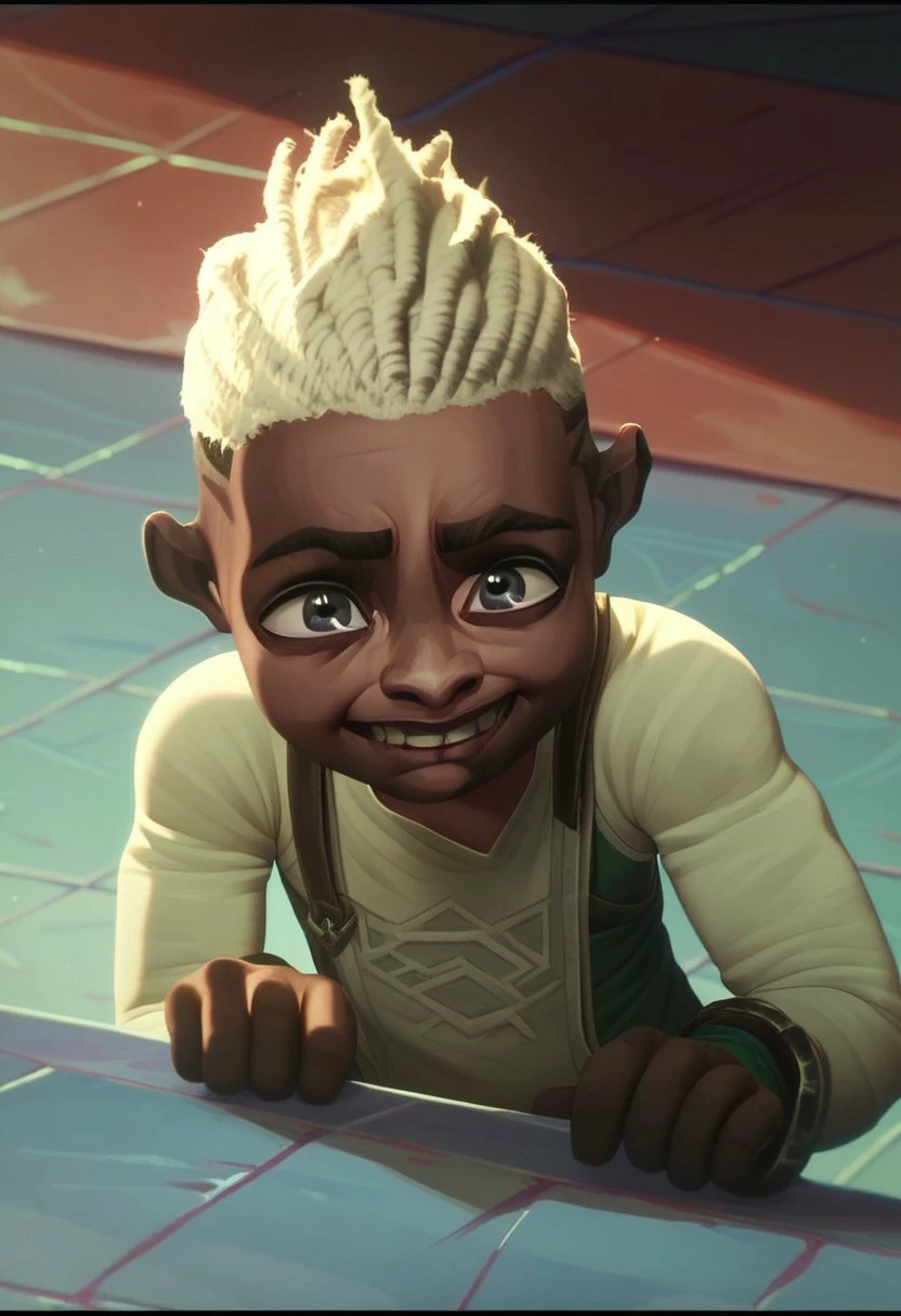 score_9, score_8_up, score_7_up, score_6_up,  
3kk0,ekko,ekko /(league of legends arcane/), solo, smile, short hair, shirt, 1boy, holding, green eyes, white shirt, upper body, male focus, green hair, teeth, dark skin, grin,  dark-skinned male, aged down, letterboxed, child,  green shirt, tiles, male child, tile floor, fake screenshot, very dark skin,  dreadlocks ,/(league of legends arcane/)