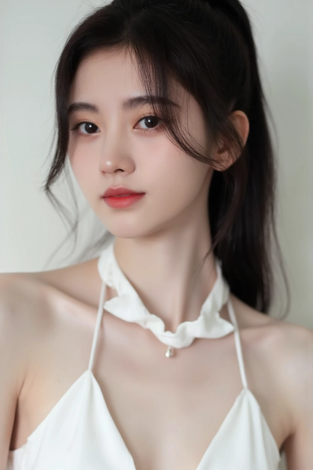 (medium full shot), beautiful young asian woman wearing white halter dress, necklace, dslr, soft lighting, high quality, light reflections, blood vessels, pale skin, skin pores,blood vessels in sclera, detailed skin, beauty spots, skin fuzz, <lora:flux_realism_lora:1>,    <lora:makinaflux_jujingyi_v1.0:1>