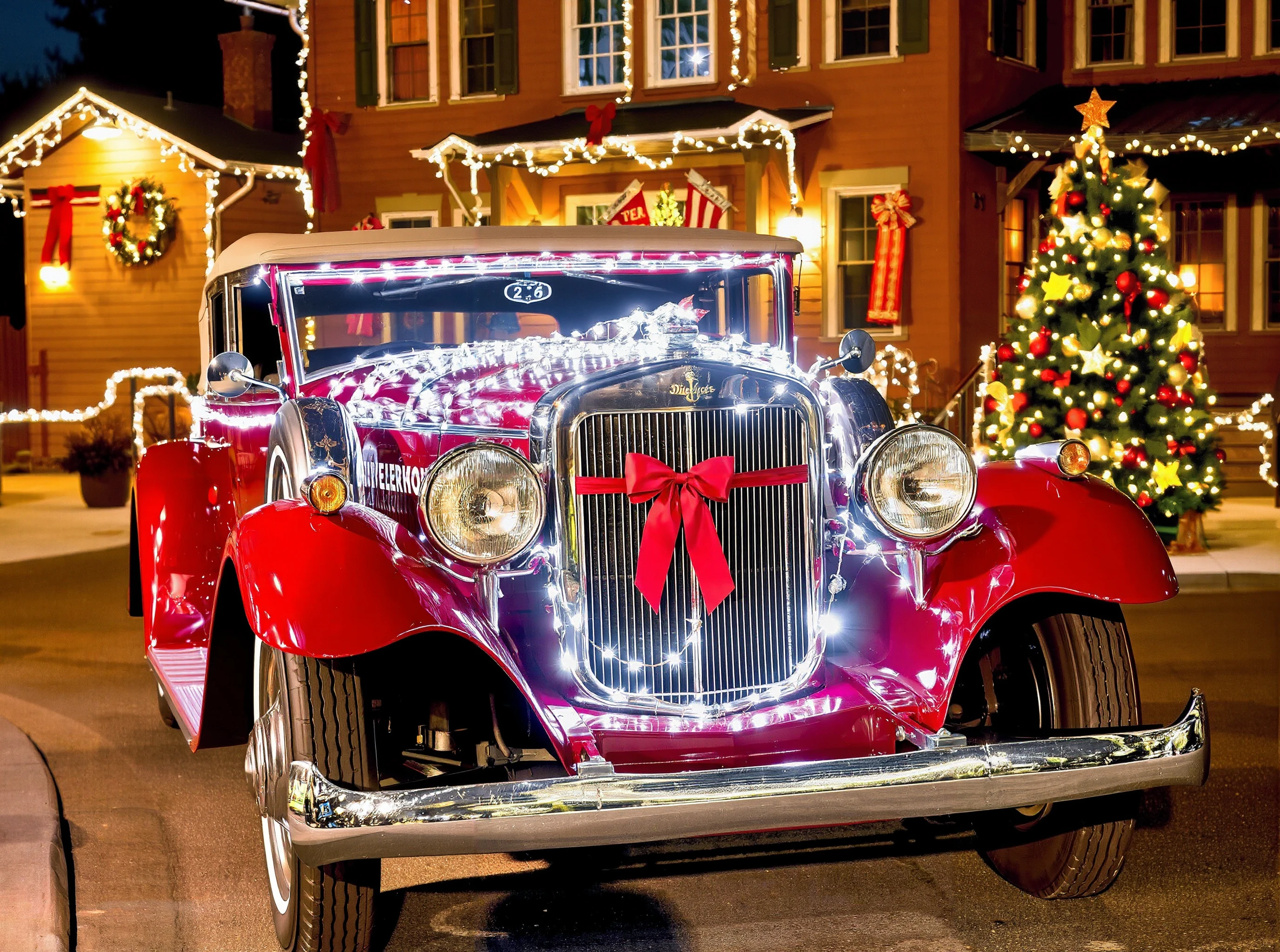 a 1925 duesenberg, with christmas lights decorations, in front of a christmas decorated house and a christmas tree <lora:Christmas_car:1>