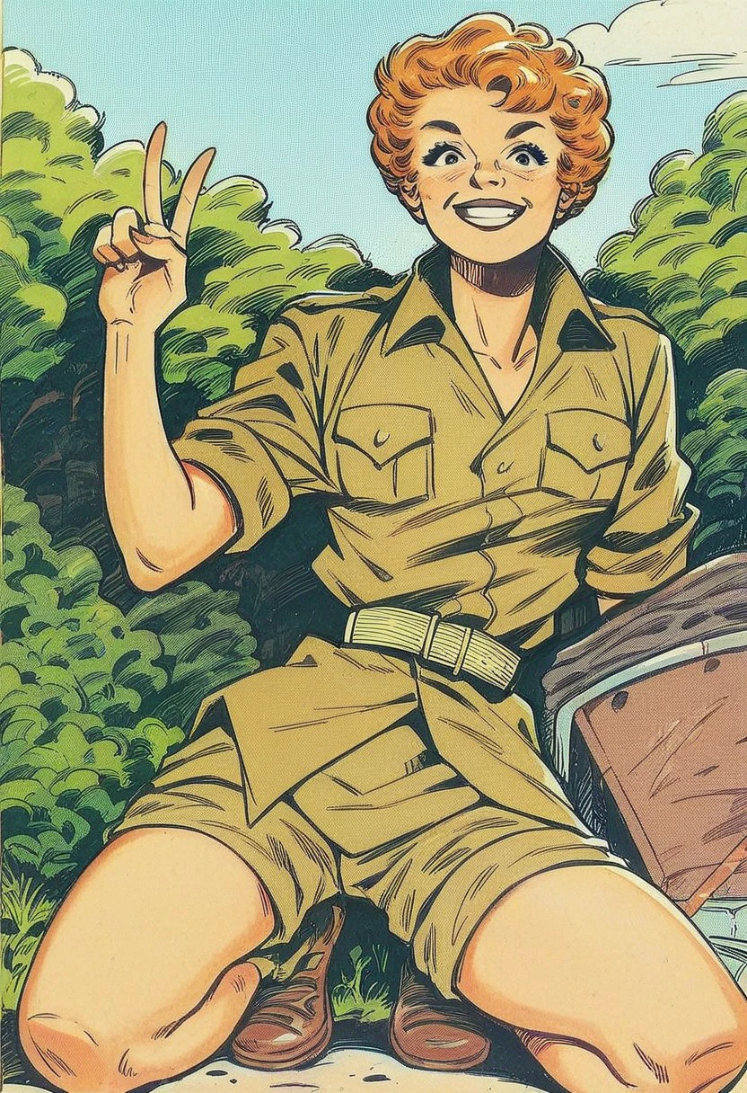 score_9_up, score_8_up, score_7_up, score_6_up, 1girl, solo, short orange hair, military uniform, belt, brown shorts, brown footwear, peace sign, outdoors, in an army camp, sweet smile, looking at viewer, (traditional media), (painted art)