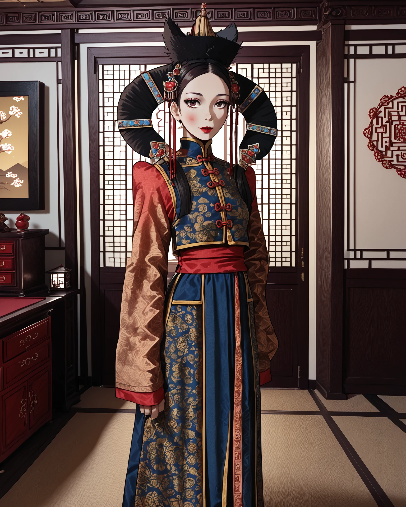 1girl, monfa, waist-up, asian room interior, anicient chinese living room, masterpiece, highest quality, absurdres, digital art, very detailed, score_9, score_8_up, score_7_up, <lora:MongolianFashion_XL:1.2>, serene,  <lora:DKXLP:1.1> DK