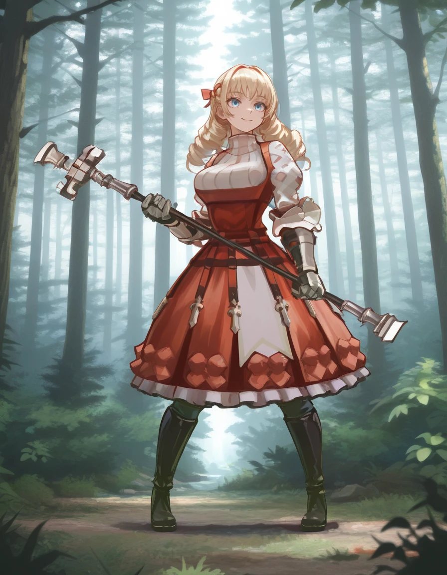 masterpiece, best quality, amazing quality, very aesthetic, absurdres, newest, scenery, depth of field, 
forest, solo, 
<lora:(Unicorn Overlord) - Scarlett - Illustrious:1> uoscarlett, red dress, armor, boots, holding weapon, standing, smile,