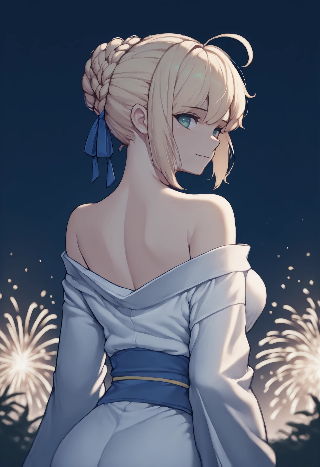 anime, masterpiece, best quality, from behind, solo, 1girl, sbrdef, slight smile, looking back, blonde hair, ahoge, sidelocks, french braid, braided bun, single hair bun, hair ribbon, blue ribbon, green eyes, japanese clothes, white kimono, off shoulder, blue sash, bare shoulders, outdoors, night, fireworks
<segment:yolo-Anzhc Face seg 640 v2 y8n.pt,0.4,0.5//cid=1>