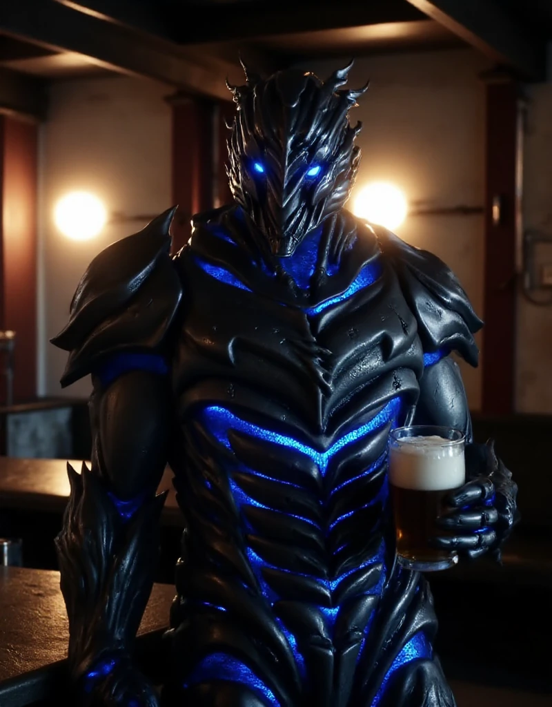 <lora:Savitar:0.9> savitar, a man wears a glowing and helmet, he holds a beer in a pub