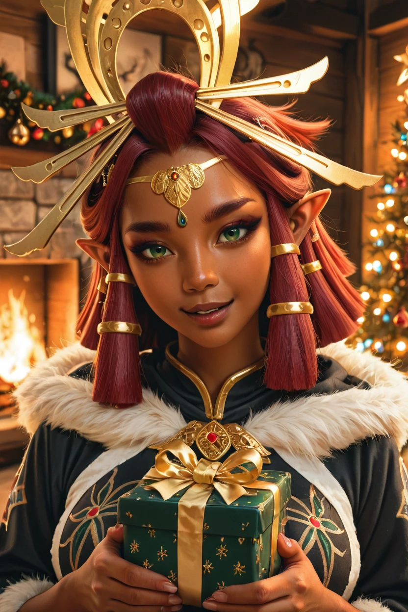 masterpiece, best quality, amazing quality, realistic, 21 year old model,   upper body, (detailed eyes, soft lips, soft skin), head tilt, romantic serious expression,  zzRiju, green eyes, red hair, pointy ears, dark skin, hair tubes, festive red and gold Santa-style outfit, fur trim, holding gift, sparkling Christmas tree, ornaments, glowing lights, falling snow, warm smile, cozy log cabin, roaring fireplace,     at night, dark fantasy, highly detailed, film grain, rim lighting looking at the viewer, curvy, beautiful detailed face, (beautiful green eyes), skin pores,  ,<lora:RijuTotK_IXL_v3:0.8>,