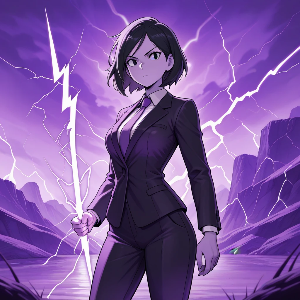 masterpiece, best quality, HoldingZeusThunderBolt, holding lightning , 1girl, solo, black hair, short hair, black eyes, formal, black suit, necktie, black pants, cowboy shot, <lora:HoldingZeusThunderBolt_illustrious_Leaf2-000010:1>, purple theme, outdoors,