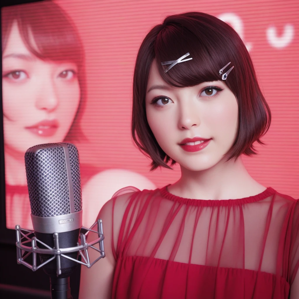 masterpiece, best quality,  <lora:Kanazawa Illust:1> kanahanazawa, short hair, hairclip, makeup, red dress, see-through, microphone, portrait, screen,