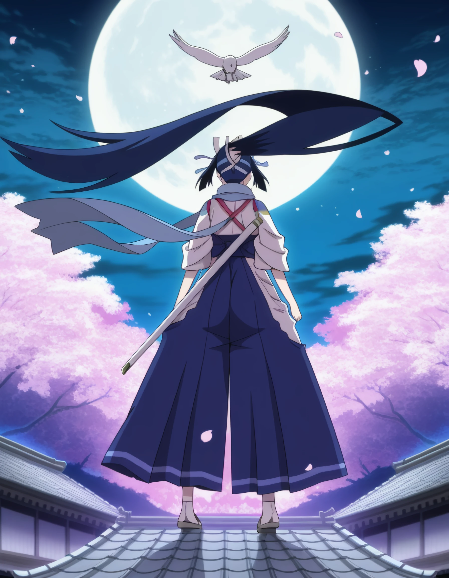 masterpiece, best quality, amazing quality, <lora:mushibugyou_-_kanae_il:1> kanae, blue_hair, very_long_hair, black_hair, ponytail, green_eyes, hair_between_eyes, japanese_clothes, kimono, blue_hakama, sandals, sheath, ribbon, 1girl, bird_girl, cherry_blossoms, falling_petals, from_behind, full_moon, karakusa_(pattern), moon, night, petals, scarf, solo, standing