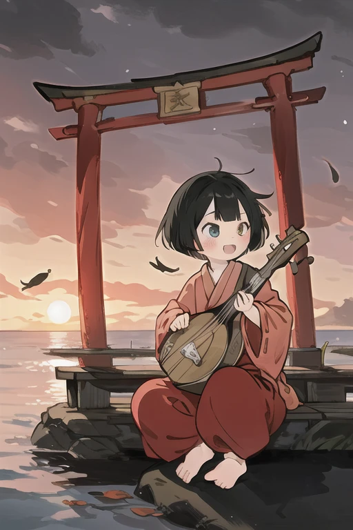 1girl(sitting,playing instrument,holding biwa lute,biwa_plectrum),solo,(masterpiece:1.2, best quality),ultra-high-detailed,ultra-detailed,sense of strength,finely detailed iris,anime,staff,full body,solo focus,medium_shot,
BREAK
<lora:HEIKE-BIWA:0.8>,heike-biwa,short hair,black hair,heterochromia,red kimono,wide sleeves,long sleeves,red pants,tabi,zouri,fang,
BREAK
outdoor,(red_torii on sea horizon),(sunset,twilight,seagull,leaf,wind lift),full face blush,peacefully smile,moody lighting,skindentation,shiny skin,<lora:hyperdetailer_v095:0.3>,<lora:ZaoDaoV1:0.5>,