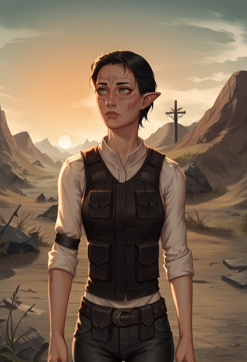 score_9, score_8_up, score_7_up, 1girl, solo, bulletproof vest, white shirt, pants, skinny, slim,
wasteland, sun, godrays, post-apocalypse, outdoors, backback, upper body,
<lora:Joshua_Graham_OutfitCharacter_-_Fallout_New_Vegas:0.6>,   <lora:Merrill_Dragon_age_2:0.8> SulfS-M3rr1LL, pointy ears, face tattoo, facial mark, short hair, black hair, green eyes,  <lora:Krys_Decker_-_Artist_style_Newer__characters:0.9> ss-krd_new,