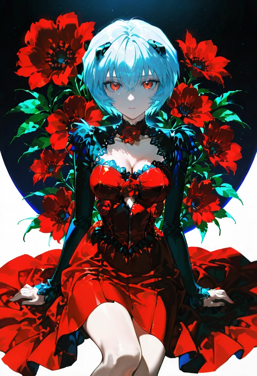 1girl,solo,looking at viewer,konya_karasue,y2khar dress, red flower,ayanami_rei