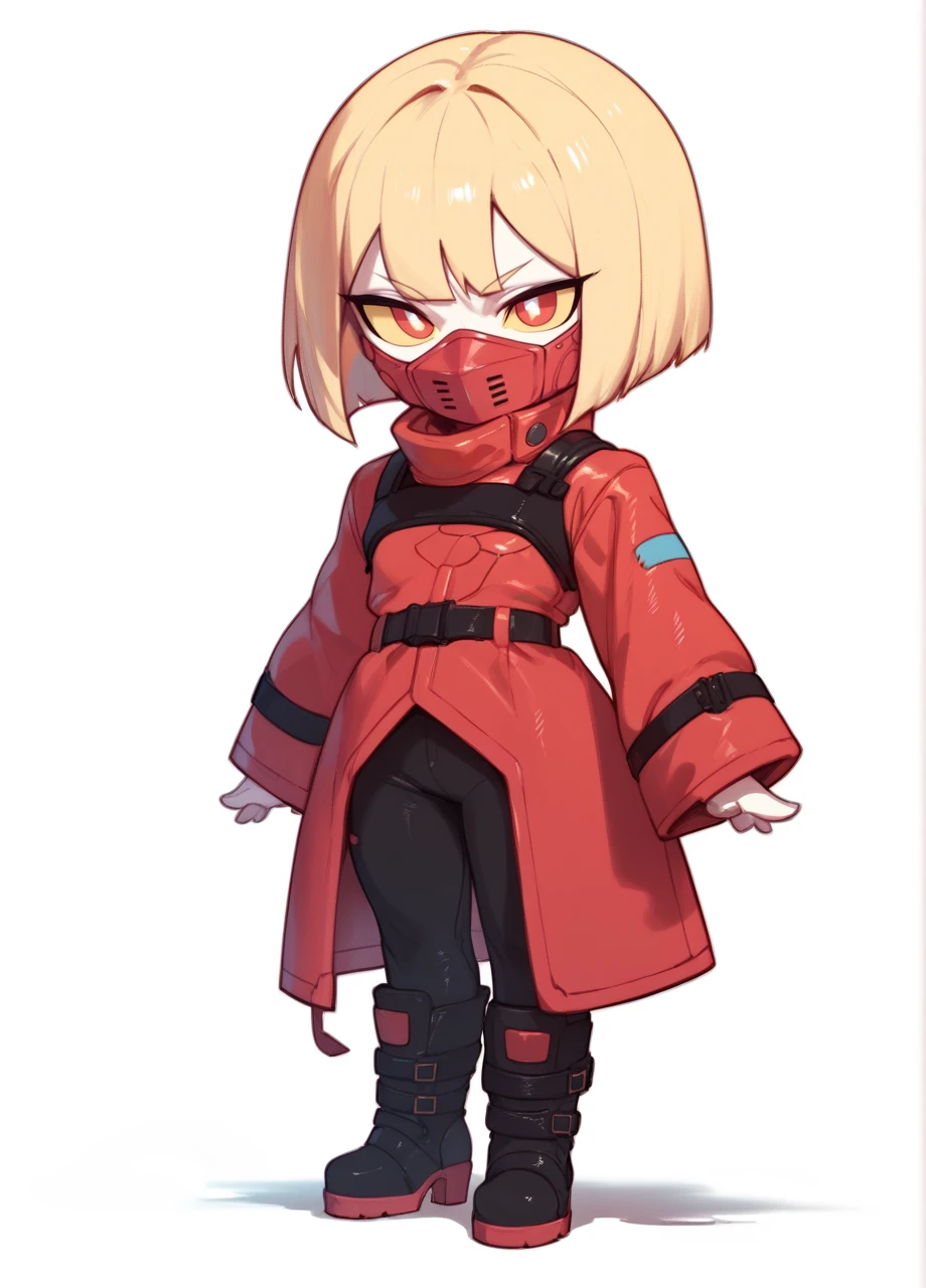 1girl, solo, fullbody, chibi, white background, cpkiwi, blonde hair, bob cut, yellow sclera, high collar, long sleeves, red pupils, mouth mask, red coat, black belt, pants, leather, black boots <lora:CPER_Kiwi-PONY:0.8>, score_8_up, score_7_up, score_6_up, score_5_up