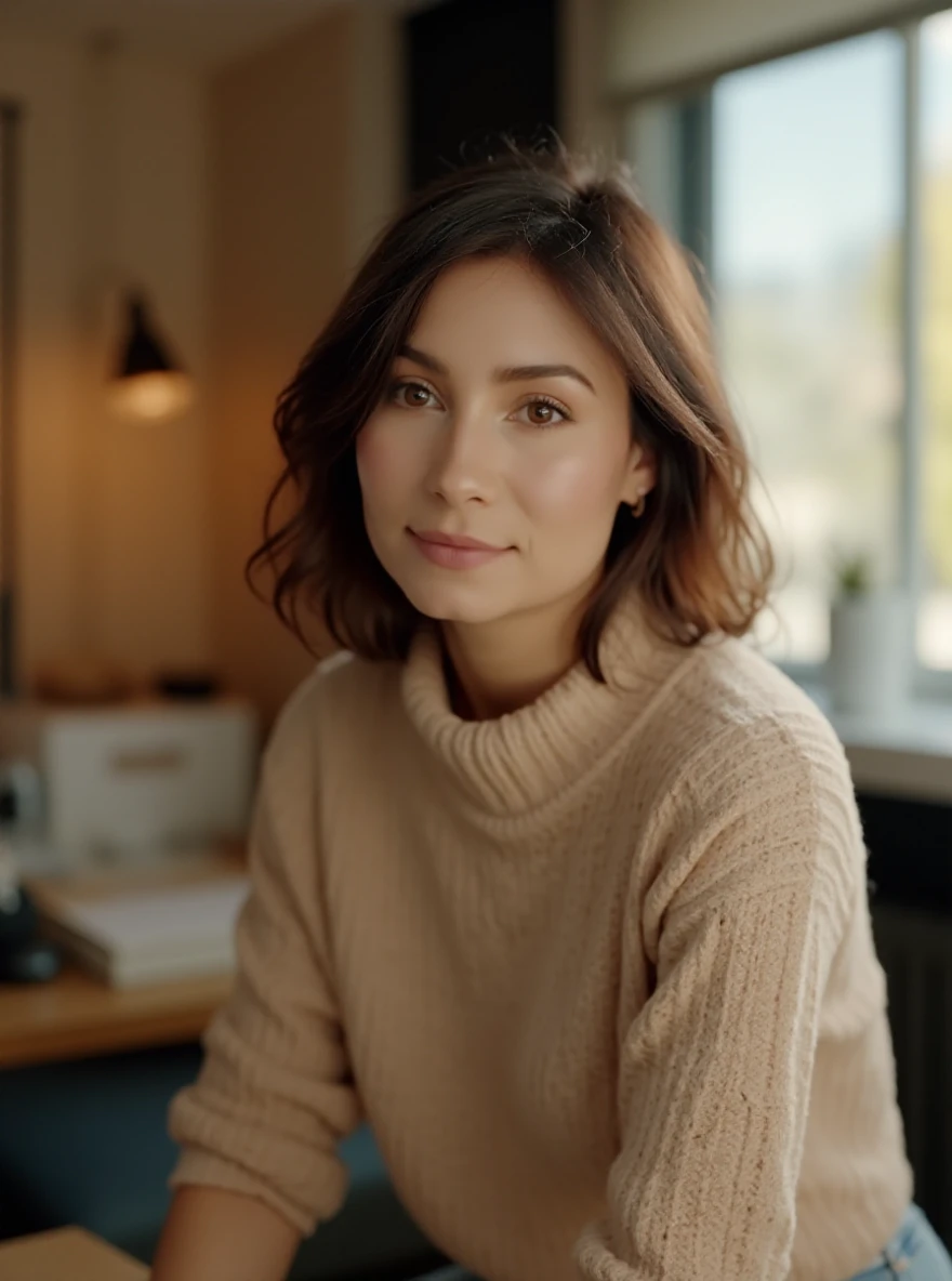 portrait of al3j4st0rm woman, posing on a office, serene and warm, natural lighting, soft focus, high-resolution, elegant and introspective atmosphere, quiet sophistication, wearing a turtleneck yarn blouse, slight smile

