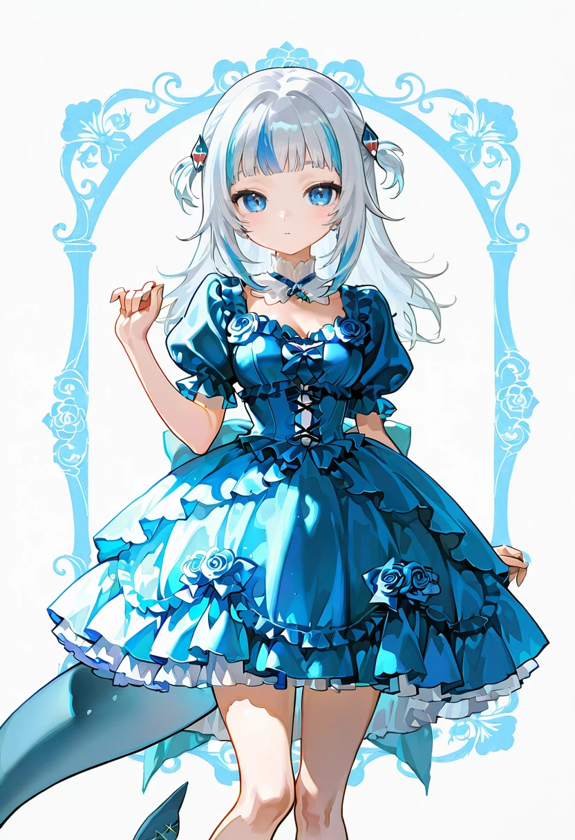 1girl,solo,looking at viewer,ikeda ruriko,sweet rose dress,short sleeves, frills, puffy sleeves, blue dress, gawr_gura