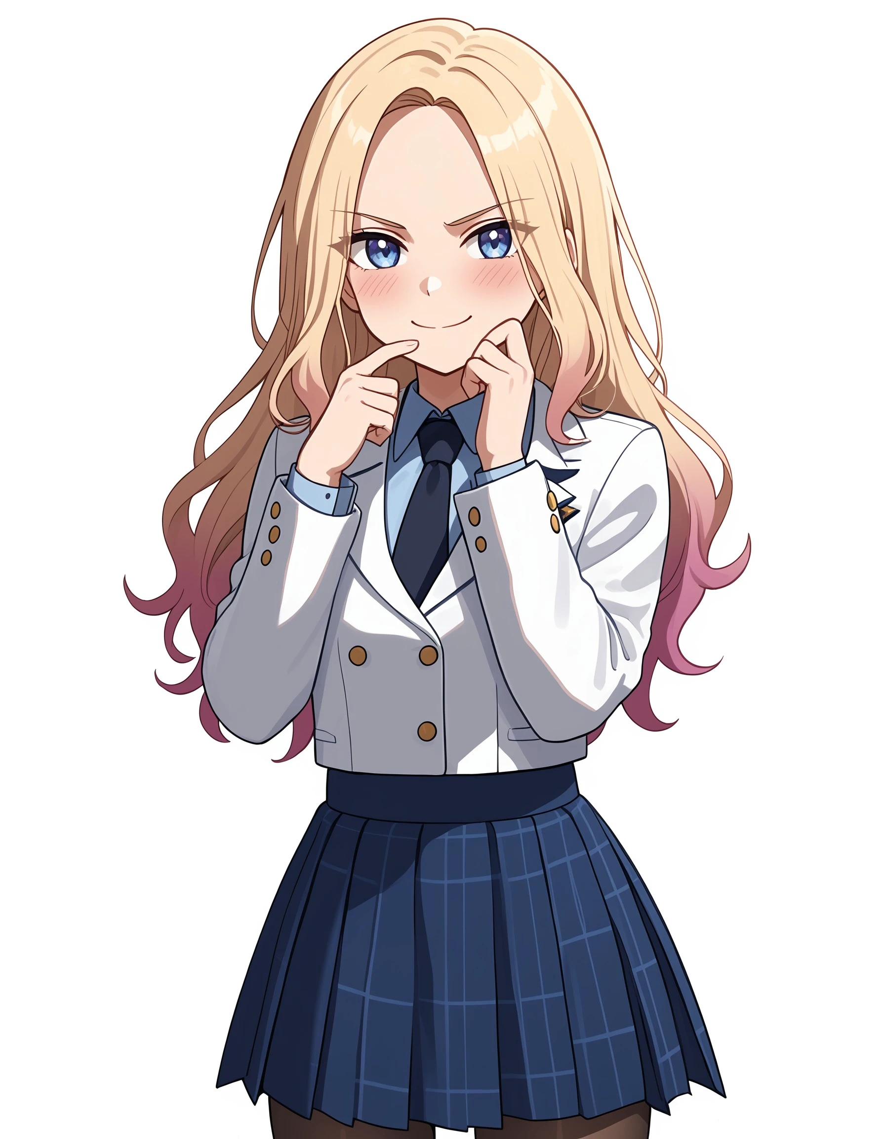 (masterpiece), best quality, expressive eyes, perfect face, pantyhose, skirt, smile, shirt, long sleeves, parted bangs, v-shaped eyebrows, closed mouth, white jacket, blue skirt, collared shirt, white background, jacket, hand on own chin, necktie, bangs, blush, plaid, sena_juo, long hair, standing, gradient hair, <lora:738bdc2f-e4c4-4cf3-8bec-52dbcc3a955f:0.7>