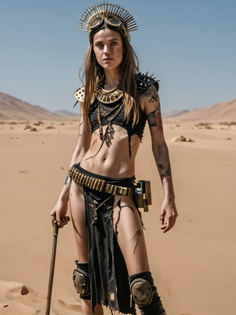 young, skinny, slim, golden hour, desert, desolate, headgear, grimy, dirty, pelvic curtain, ammo belt, headdress, black clothes,
 detailed, shoulder  pauldron, arm tattoo, standing,  goggles, sand, holding spiked club, long hair, torn clothes, knee pads, <lora:Wasteland_Vixens:1>