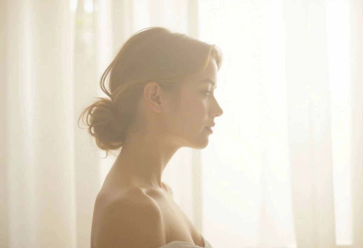 an aesthetic, minimalist depiction of a female profile in side view. The focus is on the soft contours and calm, monochromatic tones. The scene feels mystical and dreamy, almost as if viewed through a delicate mist, with gentle light accentuating the silhouette. The background is diffuse and creamy white, drawing attention to the elegant simplicity of the figure.