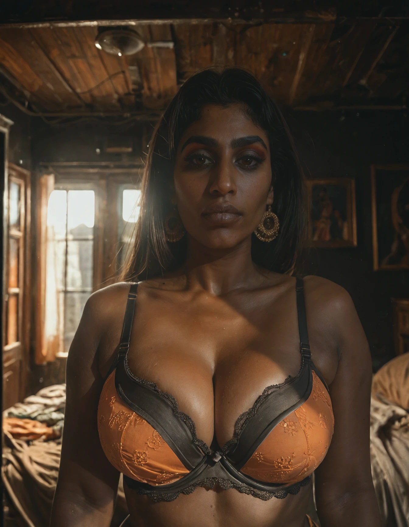 score_9, score_8_up, score_7_up, score_6_up, score_5_up, score_4_up, source_photo, Kailani PAYNE, arabian woman, big breasts, bra, orange pattern, cleavage, room, dark environment, low light, darkness, dramatic lighting, sharp focus, global illumination, natural lighting