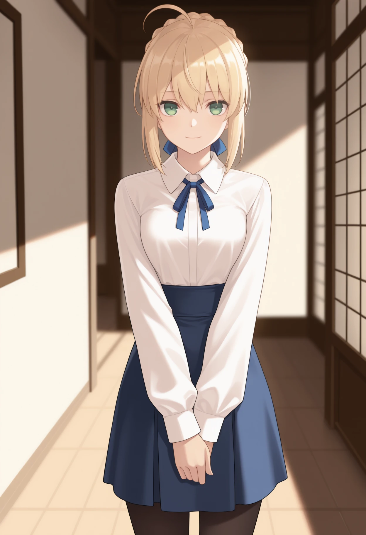 masterpiece, best quality, solo, 1girl, sbrcasual, slight smile, looking at viewer, standing, v arms, short hair, blonde hair, ahoge, sidelocks, hair between eyes, french braid, braided bun, single hair bun, hair ribbon, blue ribbon, green eyes, white shirt, collared shirt, neck ribbon, long sleeves, blue skirt, high-waist skirt, black pantyhose, indoors, east asian architecture
<segment:yolo-Anzhc Face seg 640 v2 y8n.pt,0.4,0.5//cid=1>