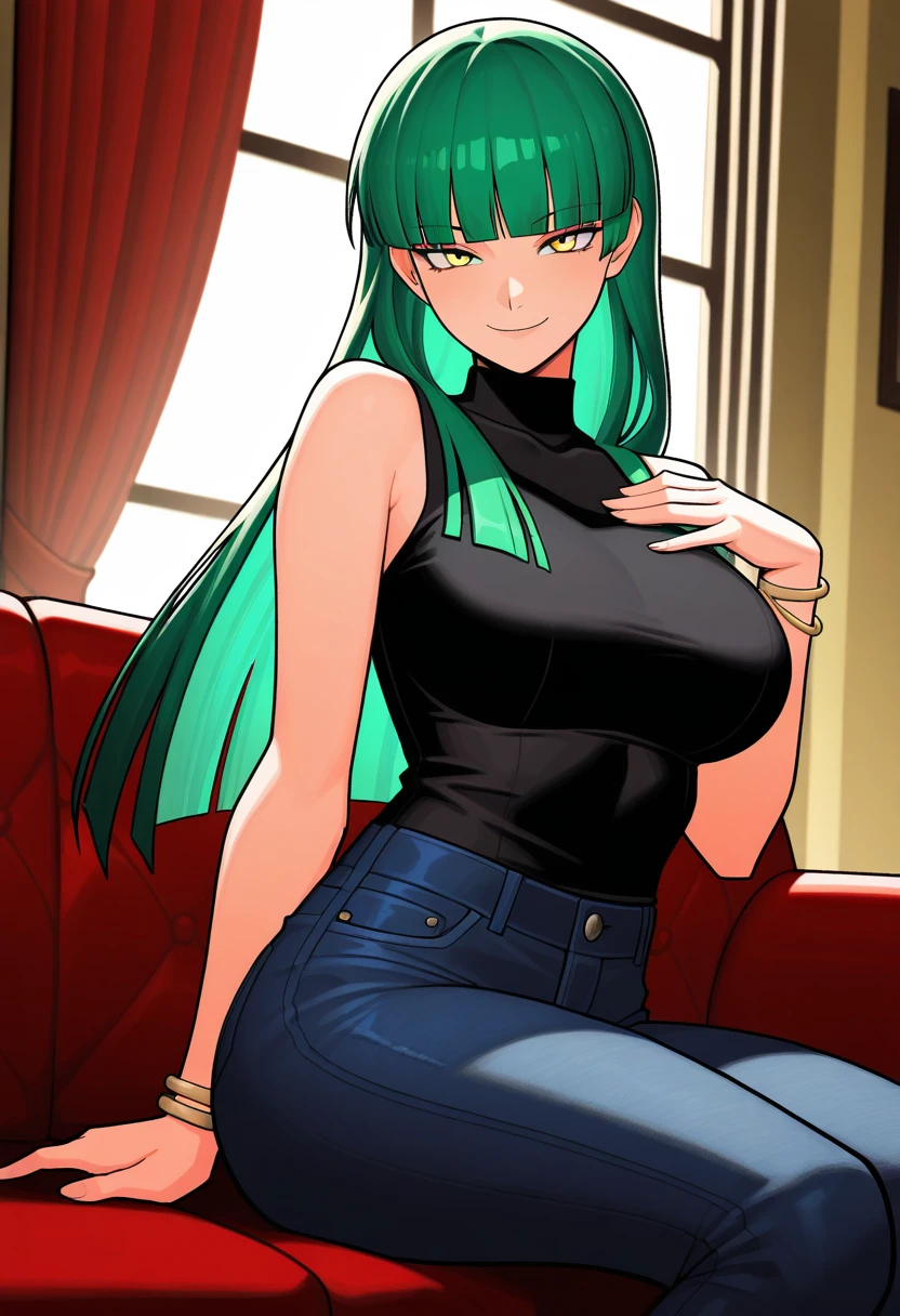 masterpiece, best quality, newest, absurdres, highres ,  <lora:MorriganAenslandIllustrious:0.9>,  DRKSTKRSMORAENS, hime cut,  green eyes, green hair, large breasts,  sitting, couch, hand on own chest, seductive smile, yellow eyes, looking at viewer, jeans, black turtleneck, curtains, indoors, window, sleeveless, bracelet,