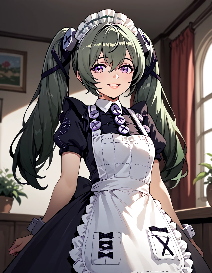 score_9, score_8_up, score_7_up, score_6_up, score_5_up, score_4_up, source_anime   <lora:ZenlessZoneZero:1>, portrait, smile,  corinwickes, purple eyes, green hair, long hair, twintails, maid, maid headdress, black dress, apron, chain, puffy short sleeves, short sleeves,