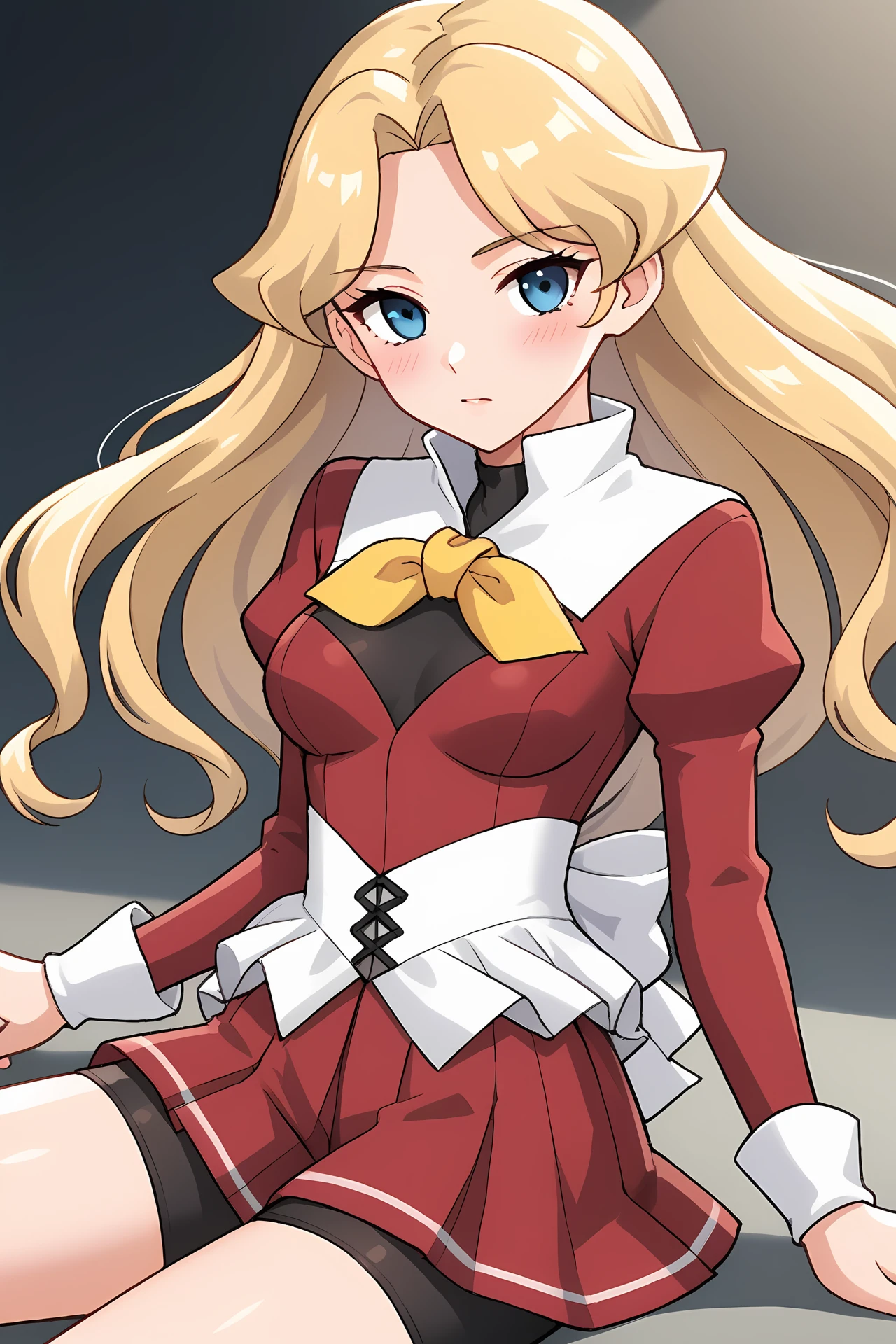 (red dress white corset yellow bow red mini skirt black shorts:1.30), cra-serene, blue eyes, blonde hair, long hair, parted bangs, parted hair, curly hair, 
medium breasts, 1girl, solo, skinny, (source_anime, score_9, score_8_up, score_8, score_7_up), score_7, score_6_up, score_6, score_5_up, score_5, 
(blush:1.10),
(arena:1.30),
(sitting:1.20), (:1.20),
<lora:cra-serene-V03-000004:0.80>