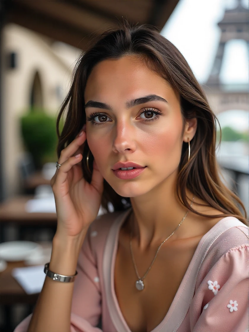 <lora:Gal_Gadot_2008:1> woman, looking directly at the viewer, looking directly at the camera, making eye contact, looking straight ahead, modest clothes, modest apparel, chest covered, modesty <lora:zz_s_Chest_Size_Slider:-2>, extreme close-up, zoomed, focus on face, centered, macro shot, face centered, focus on eyes, spring pastel colored lipstick, matching eye shadow, and matching eye liner that match outfit, blush, silver necklace, silver bracelets, silver rings, silver hoop earrings, at an outdoor cafe in Paris, the Eiffel Tower is in the background, aperture f/2.8, photo, high aesthetic quality, f/2.8, shutter speed 1/125s, soft lighting, iso 400, canon eos 5d mark iii, shallow depth of field, artistic staging, artistic use of light and shadow, wet lips, moist eyes, realistic skin texture, pores <lora:zz_s_Stylish_Lighting:0.5>