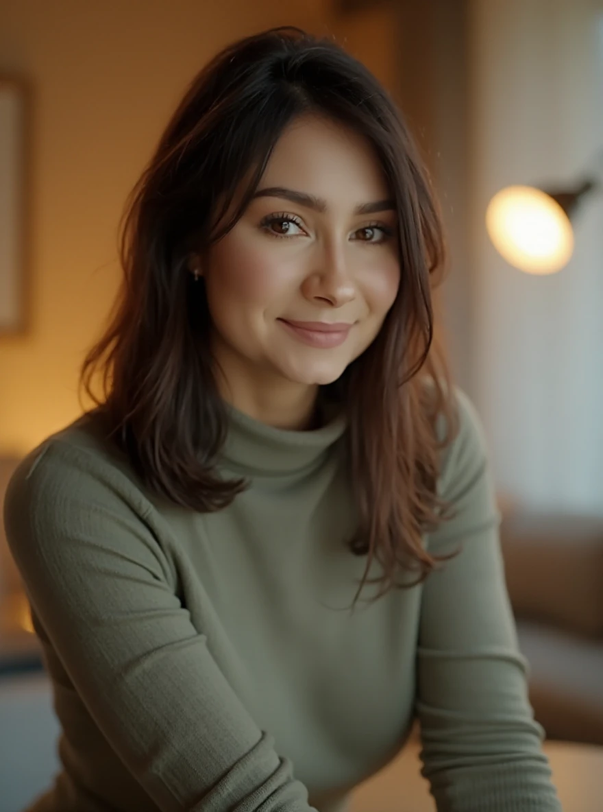 portrait of al3j4st0rm woman, posing on a office, serene and warm, natural lighting, soft focus, high-resolution, elegant and introspective atmosphere, quiet sophistication, wearing a turtleneck yarn blouse, slight smile

