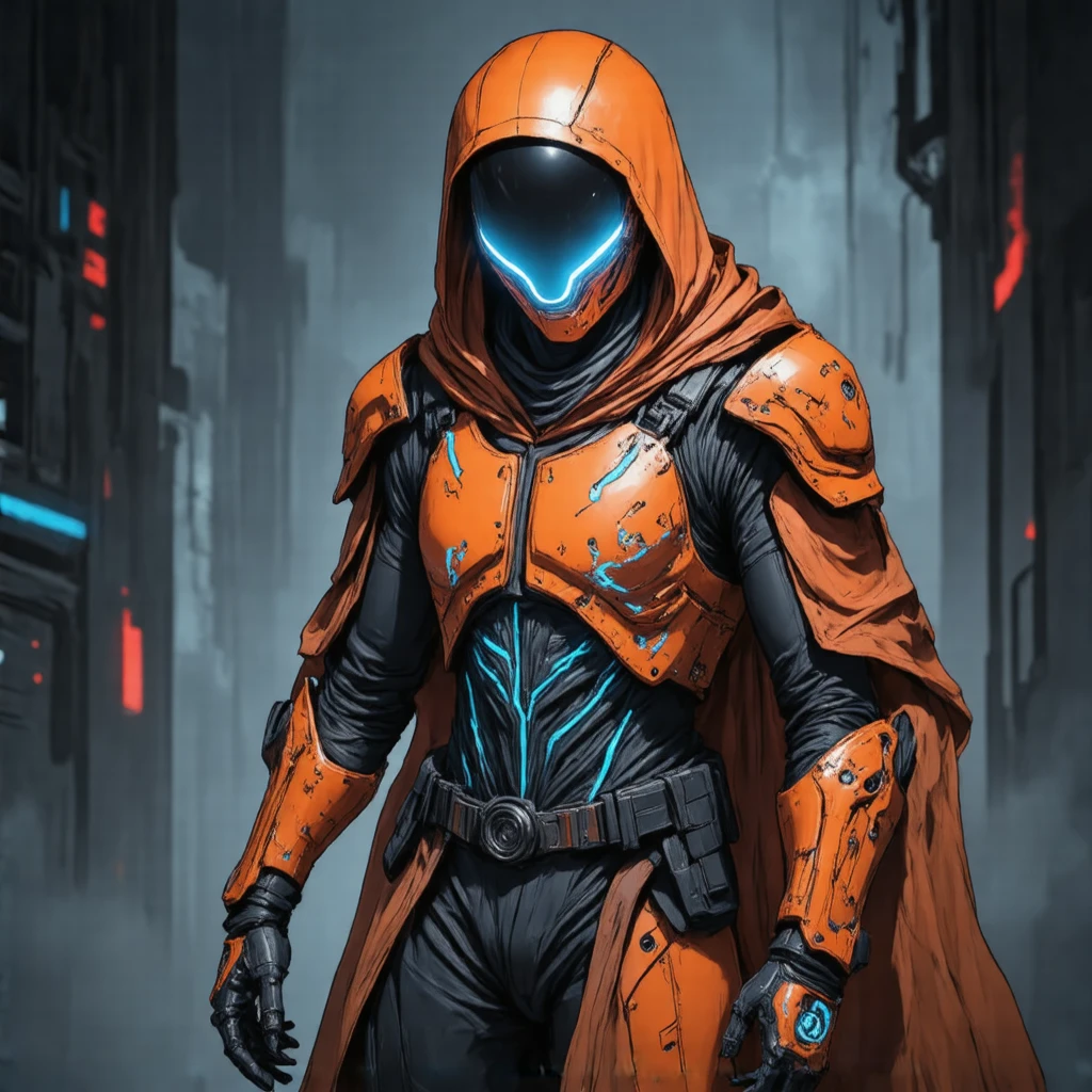 oren-bot-mmxxiv, a digital illustration in a stylized futuristic cyberpunk art style. The subject is a humanoid figure likely a soldier or mercenary dressed in high-tech orange and black armor with glowing blue accents. The armor features a hooded cloak that drapes over the figure's head with the hood pulled up obscuring the face except for the glowing blue visor that covers the eyes giving a robotic or cybernetic appearance. The visor's glow casts a bright ethereal light on the armor highlighting the intricate details and textures.