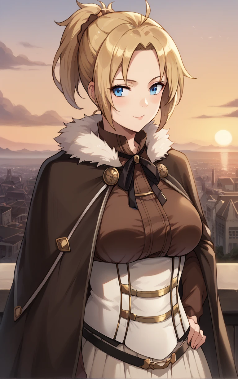 score_9, score_8_up, score_7_up, BREAK
Capelet_ZenithGreyrat_ownwaifu, 
1girl, blonde hair, blue eyes, hair pulled back, medium hair, parted bangs, short ponytail, sidelocks, ponytail, short hair, bangs, breasts, scrunchie, large breasts,
brown capelet, brown shirt, capelet, fur collar, fur trim, neck ribbon,  underbust, white corset, long sleeves, shirt, brown cape, ribbon, skirt, cape, fur-trimmed capelet, brown coat,
(contrapposto, hand on hip), sunset, sidelighting, cityscape, vanishing point, outdoors, <lora:PONYXL_MushokuTensei_ZenithGreyrat_ownwaifu:1> , depth of field, solo,