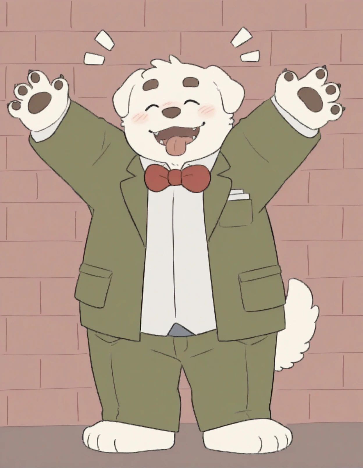 fat,plump,cute,blush,looking at viewer, Pix0w, masterpiece, best quality, amazing quality, solo, blush, smile, open_mouth, short_hair, shirt, 1boy, bow, animal_ears, standing, jacket, tail, white_shirt, full_body, closed_eyes, male_focus, collared_shirt, tongue, pants, bowtie, tongue_out, red_bow, ^_^, fangs, thick_eyebrows, happy, formal, suit, bara, outstretched_arms, red_bowtie, furry, dog_ears, claws, pocket, animal_hands, green_jacket, dog_tail, plump, furry_male, notice_lines, spread_arms, breast_pocket, white_fur, belly, animal_nose, brick_wall, traditional_bowtie, green_pants, two-tone_fur, dog_boy, animal_feet, pawpads