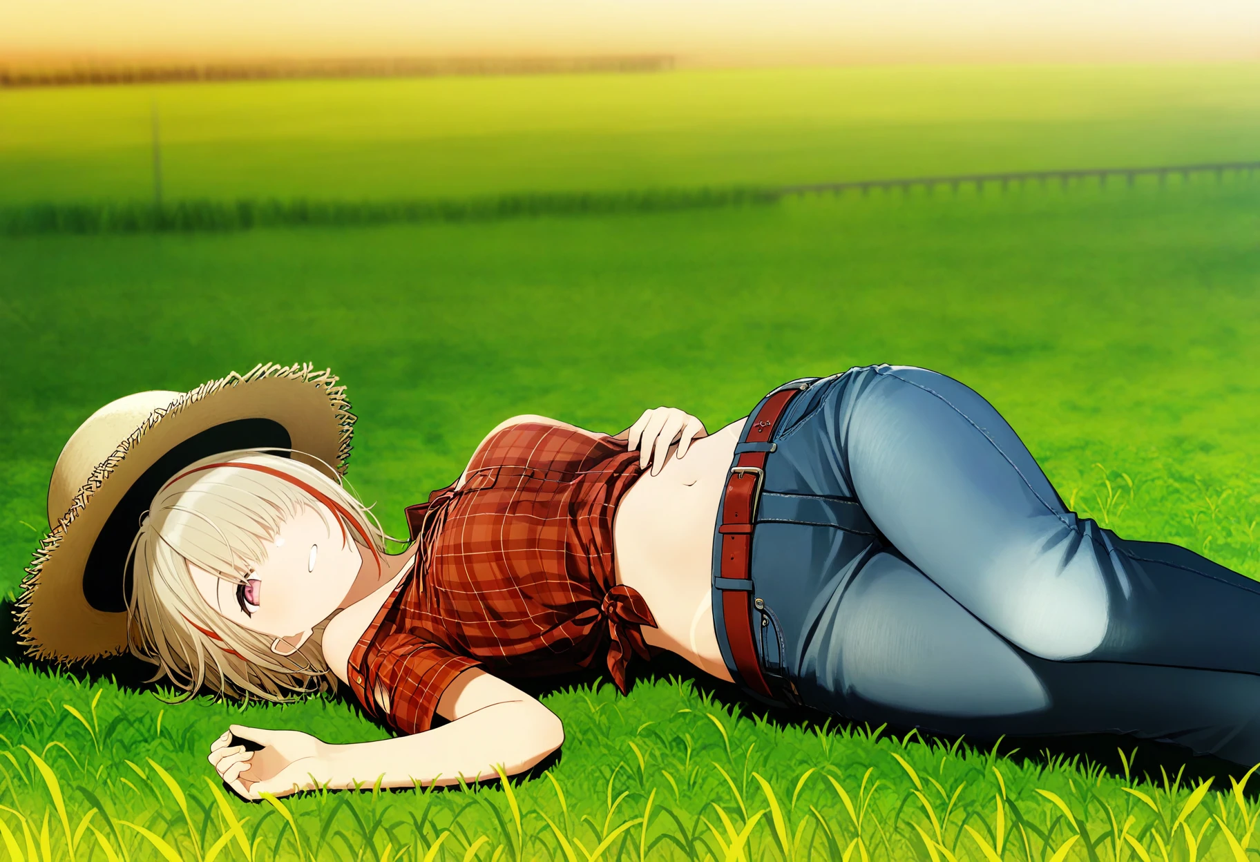 safe, masterpiece, very aesthetic, 1girl, duisburg, straw hat, tied shirt, plaid shirt, jeans, belt, tanlines, lying, on back, grass, wheat field, farm
<lora:Duisburg-AzurLane_NAIXL_v10:0.9>